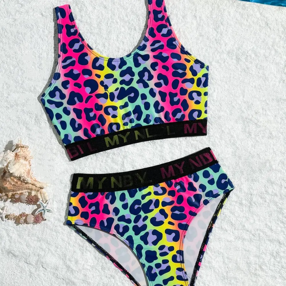 Girls Two Piece Swimwear Leopard Gradient Printed Bikini Set Kids Summer Beach Pool Bathing Suit Big Children Apparel