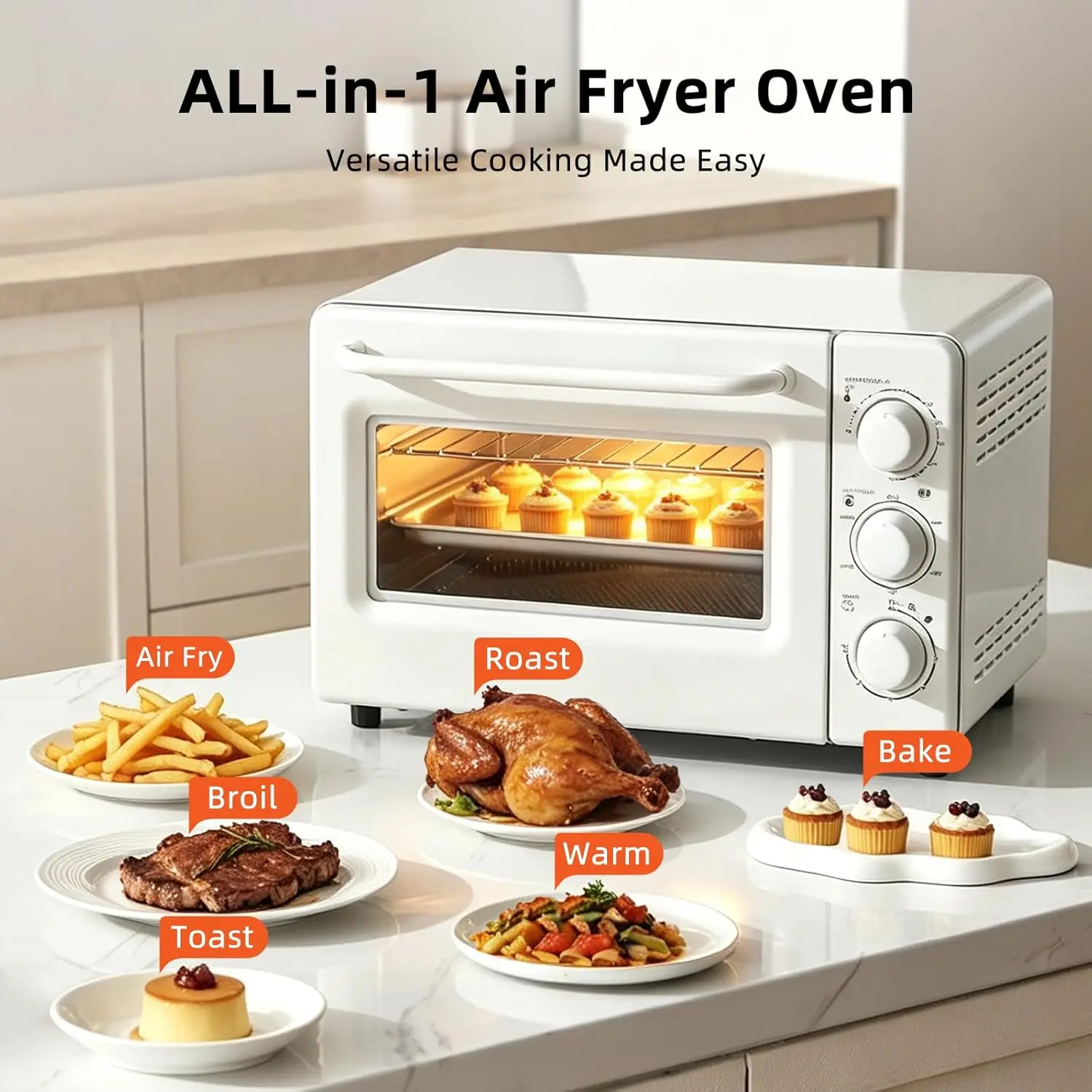 Combination Air Fryer and Toaster Oven, Retro Countertop Convection Oven, 19 Quart Small Toaster Oven, Fits 4 Slices of Toast or