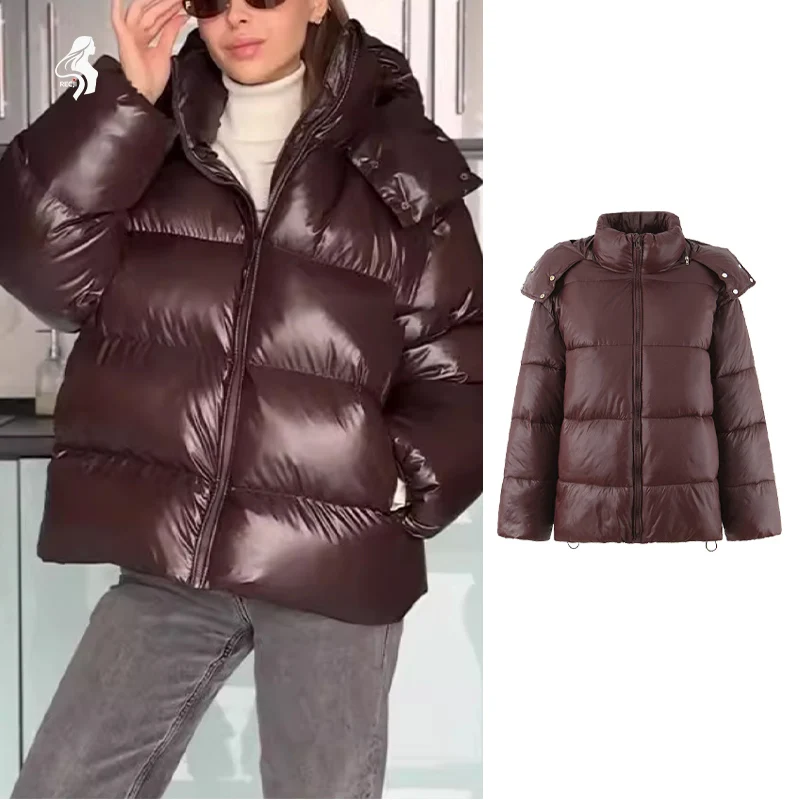 

Warm Commuter Shiny Cotton Jacket For Women Detachable Hood Quilted Short Coat Autumn And Winter Casual Jacket Woman Clothes