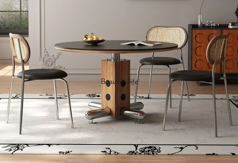 

LJY*Medieval round dining table Small apartment retro solid wood rock slab dining table