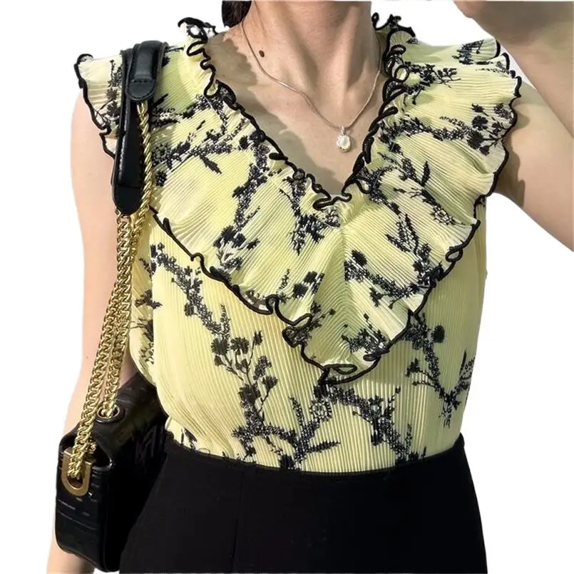 Sommer Rüschen V-ausschnitt Tank Top Frauen Ärmellose Hohe Qualität Weste Y2k Chiffon Plissee Camis Weibliche Druck Elegante Chic Tank Tops