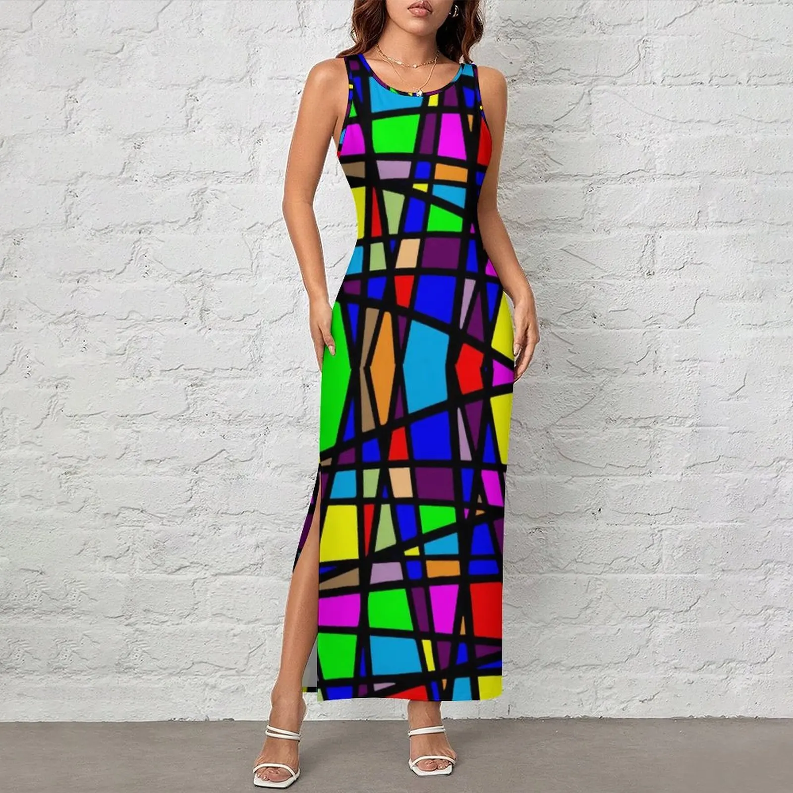 Electric Rainbow Bodycon Dress Spring Abstract Geometry Design Modern Maxi Dresses Woman Sleeveless Fashion Dress Large Size