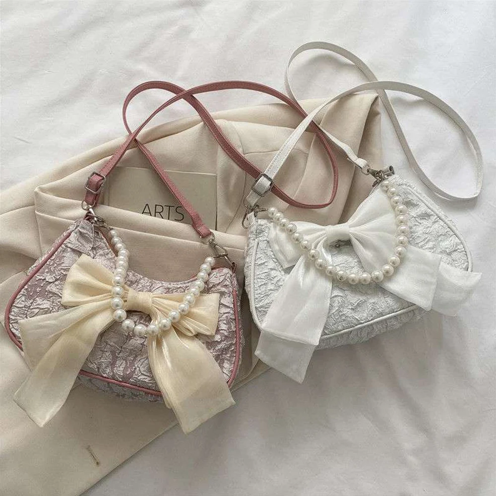 Pearl Bow Crossbody Bags Retro Underarm Bags Fashion Bow Ribbon Handbags Personality Women Shoulder Bag Pearl Female Bag Ins