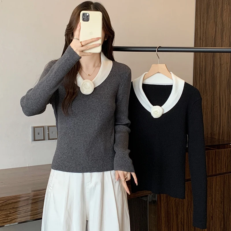 أنيقة زهرة متماسكة سترة المرأة المتناقضة اللون الخامس الرقبة ثلاثي الأبعاد سليم عارضة البلوز البلوز قاع قمم