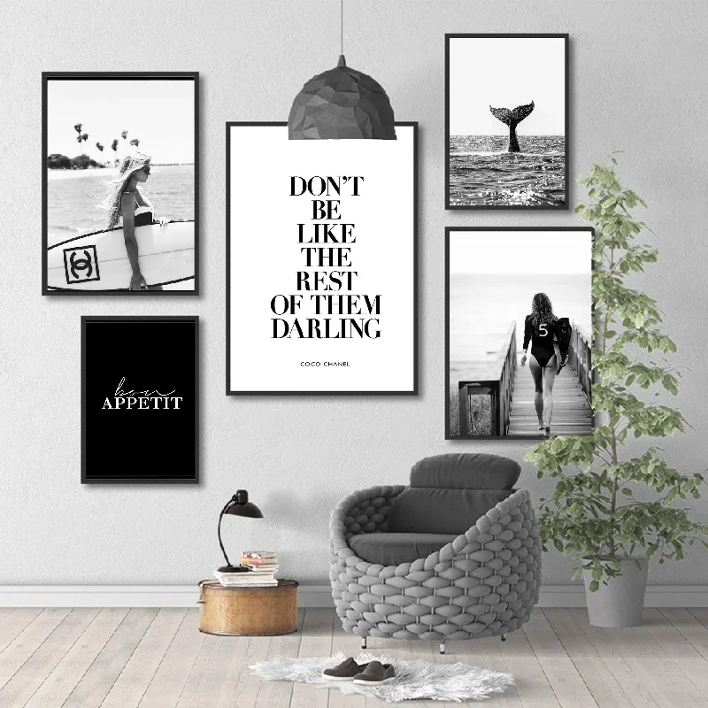 Black And White Poster Modern Fashion Surf Woman Wall Art Letter Nordic Canvas Painting Picture Prints Living Room Home Decor