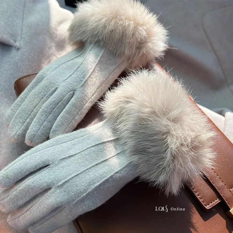 Warm Woolen Gloves Women's Winter Fleece Lined Cycling Gloves Fingerless Thickened Woolen Hand Warmers for Ladies