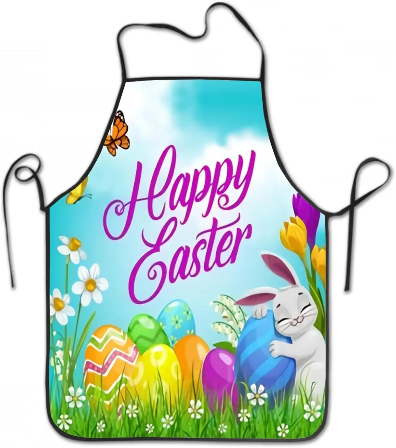 Happy Easter Bunny Apron - Cute Rabbit Egg Spring Floral Graphic Linen Bib for Women Men Cooking Baking Party Gift