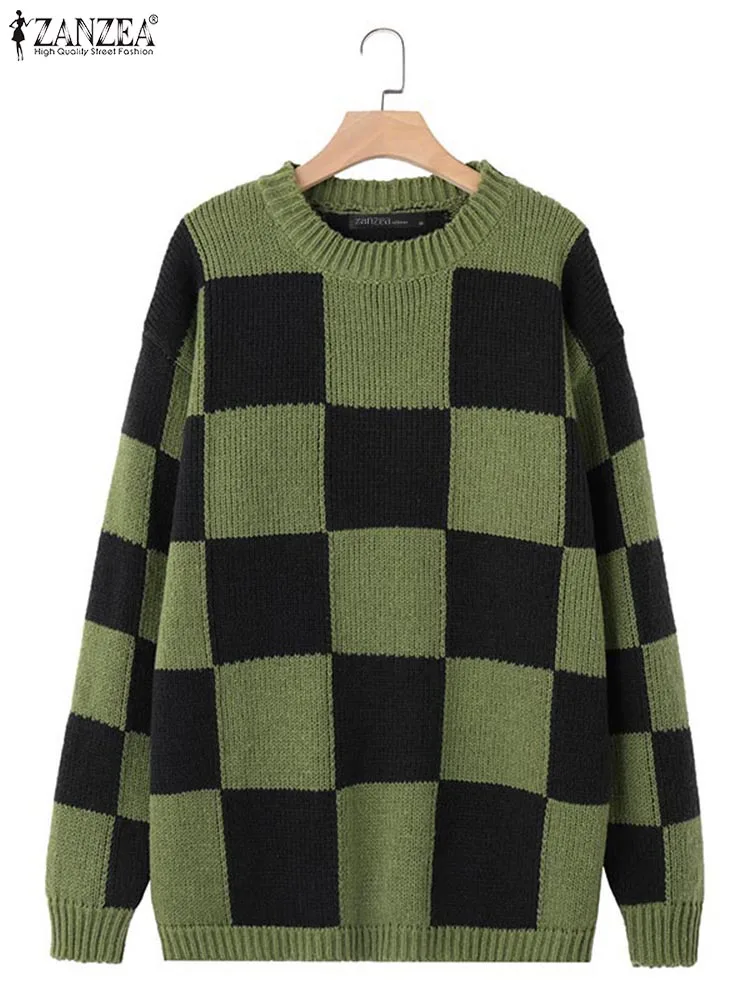 ZANZEA Women Pullovers Sweaters 2025 Autumn Winter Knitted Casual Jumpers Oversized Plaid Loose Long Sleeve Top Fashion Sweater