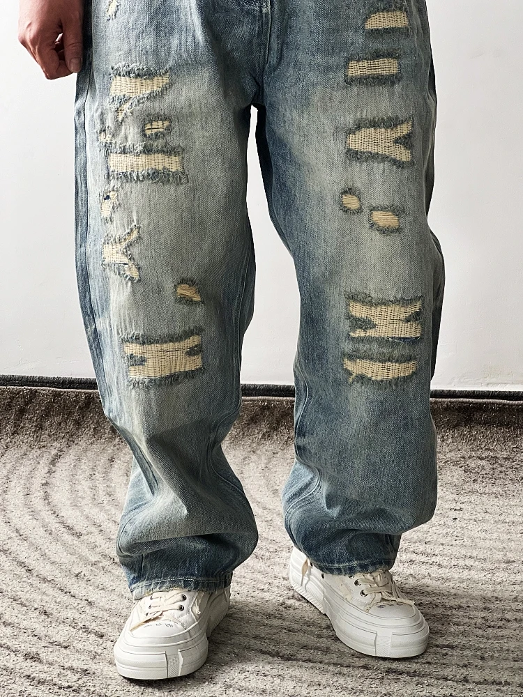 

Japanese Sle Dir Fit Patchwork Cuffed Straight Leg Jeans Heavy Du 7 Oz Distred Wide Hip Jeans for Teens
