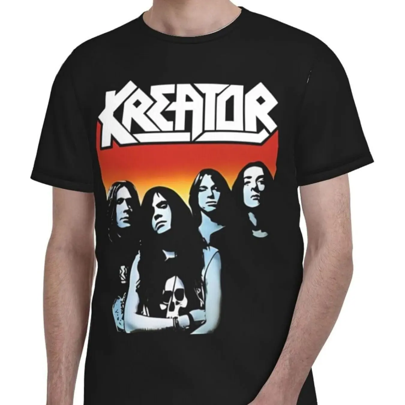 Kreators Men's Heavy Metal Band Pattern T-shirt Bold KREATOR Text and Member Portraits Black Round Neck T-shirt Casual Shirt