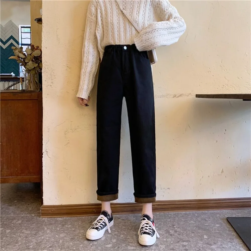 ジーンズ女性ベルベット厚いカーキハイウエストジッパー弾性ストレートシンプルな学校オールマッチレディースズボンシックな婦人服