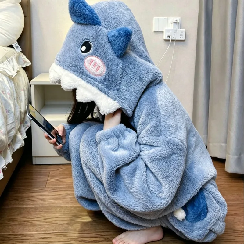 Cute Women Winter Plush Shark Onesie Animal Hooded Zip‑Up Fleece Sleepwear Soft Warm Thick Full‑Body Loungewear With Pockets