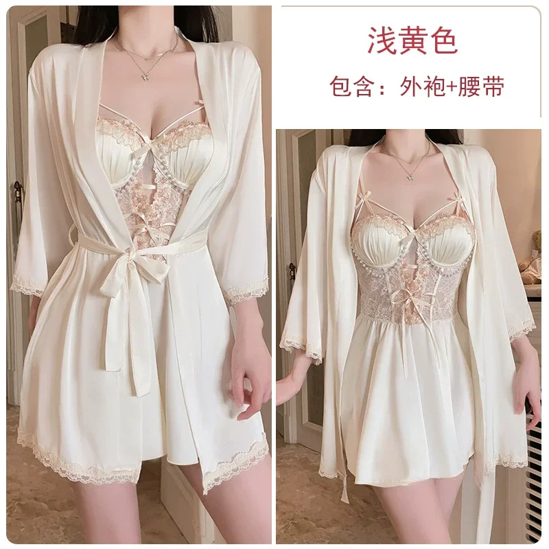 

Sexy Patchwork Lace Twinset Robe Set Lingerie Summer Silky Rayon Sleepwear Bathrobe Loose Casual Home Dressing Gown Loungewear