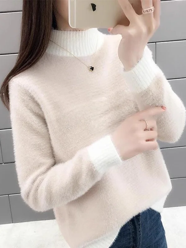 Fleece Lined Knitted Short Sweater Women's Loose Fit Half High Collar Autumn Winter New Style Korean Style Imitation  Fu...