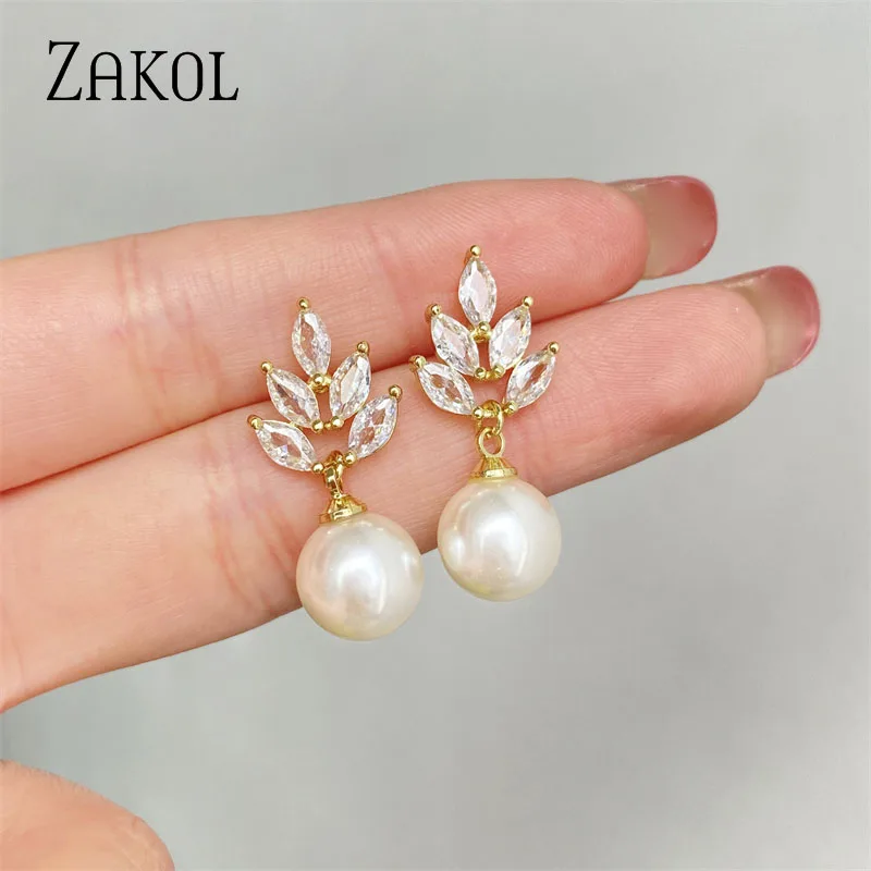 ZAKOL Elegant Cubic Zirconia & Imitation Pearl Leaf Dangle Earrings for Women Fashion Bridal Wedding Party Jewelry FSEP499