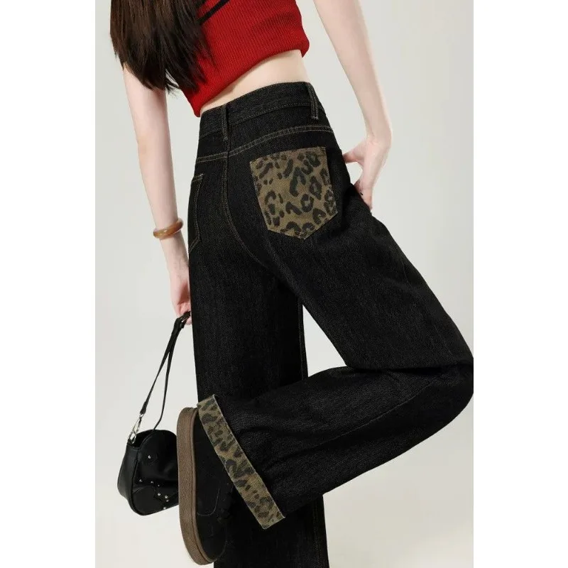 Women Black Straight Jeans Leopard Print Patch Pocket Cuffed Hem Denim Long Pants