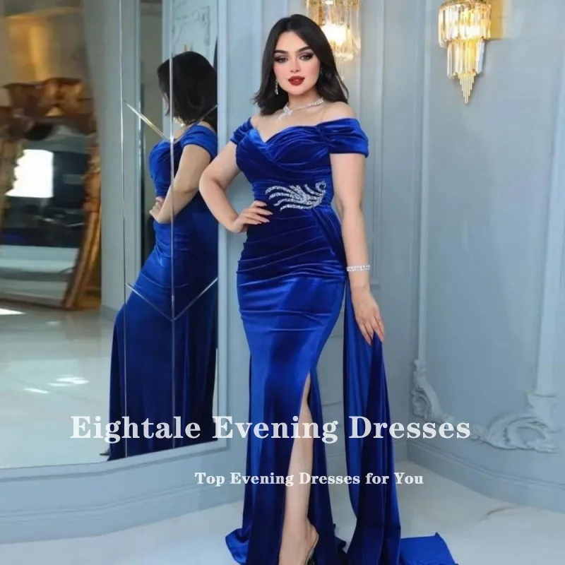 Eightale Velvet Evening Dresses off the Shoulder Beaded Side Slit Mermaid Prom Wedding Party Gown Formal Vestido De Fiesta