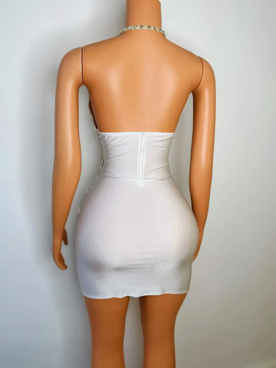 Błyszcząca seksowna sukienka bez pleców z łańcuszkiem i kryształkami dla kobiet Impreza Urodziny Występ na scenie Kostium królowej Rave Festival