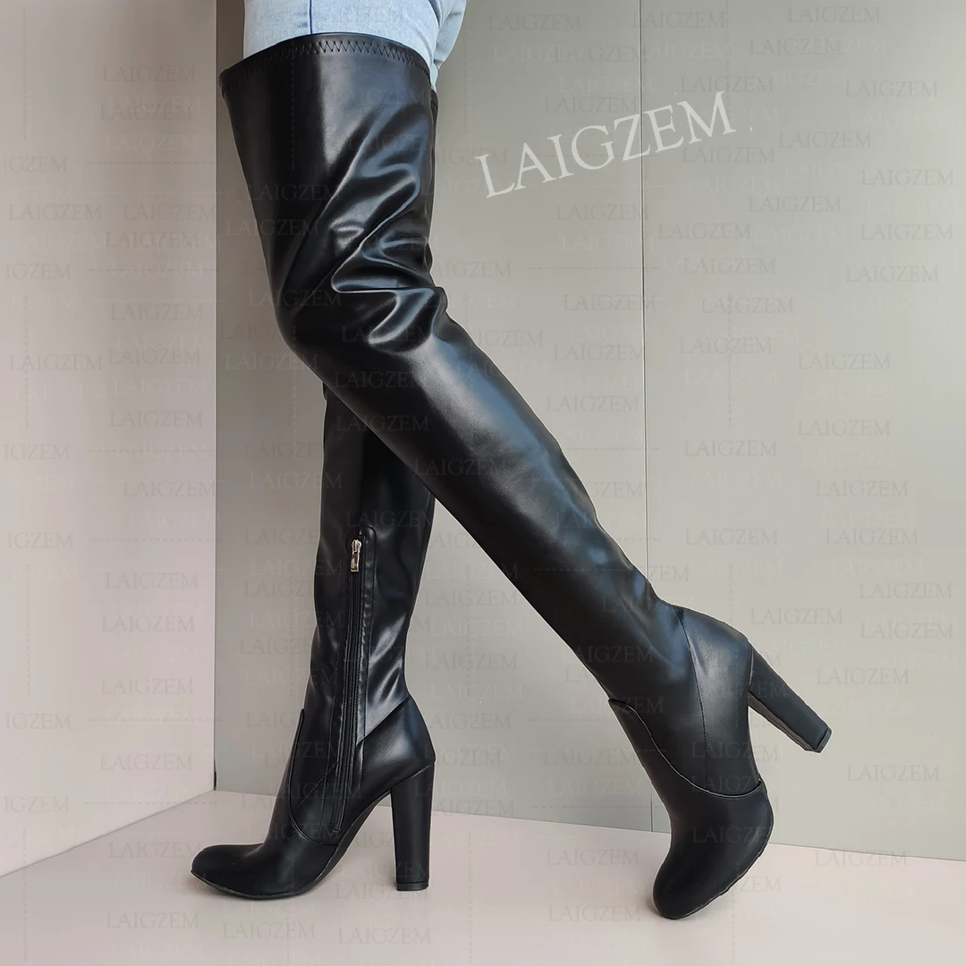 SEIIHEM Women Thigh High Boots Thick Heels Faux Leather Over Knee Boots Round Toe Unisex Ladie Shoes Woman Plus Size 39 41 45 52