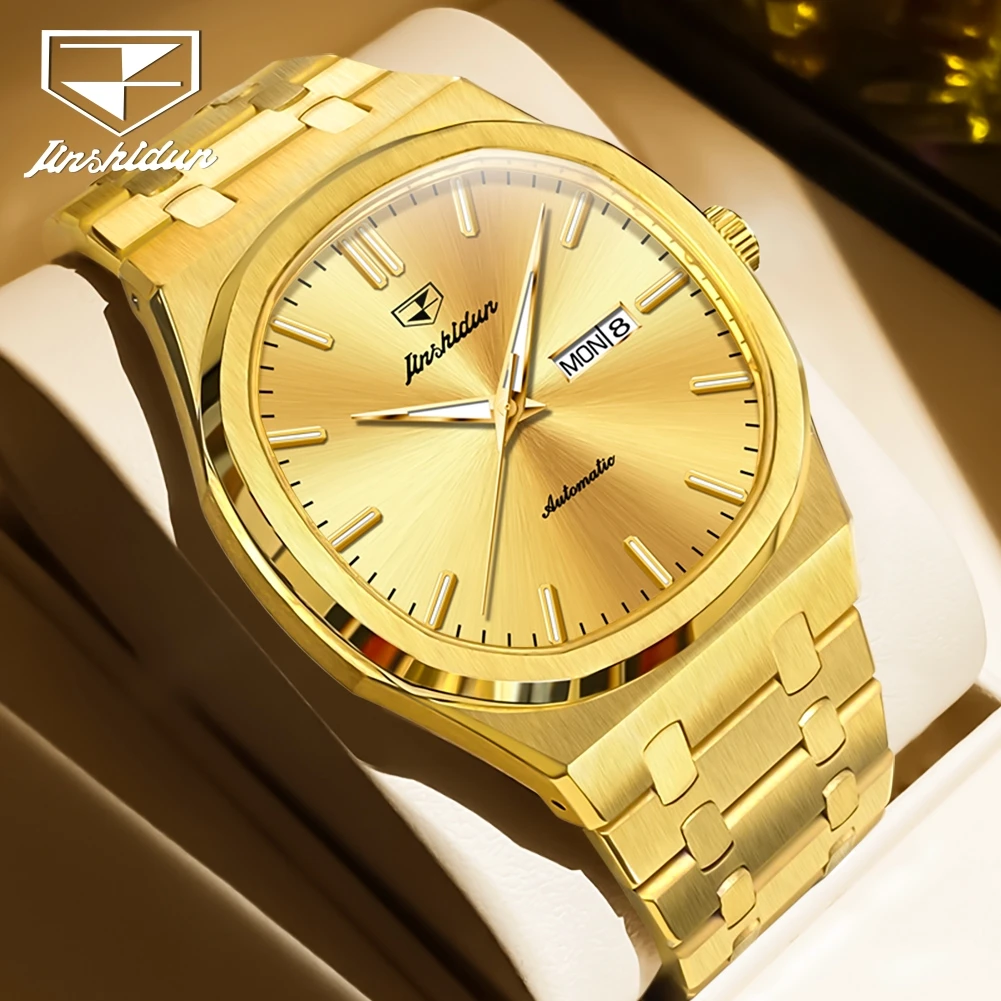 

JSDUN 8966 Original Men Full Gold Watch Luxury Dual Calendar Stainless Steel Waterproof Watch New Men Automatic Mechanical Watch