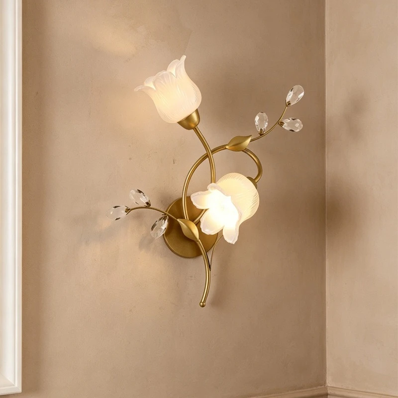 Country Garden Flower Wall Lamp Modern Minimalist European Living Room Accent Wall Light Iron Rustic Bedroom Bedside Fixture