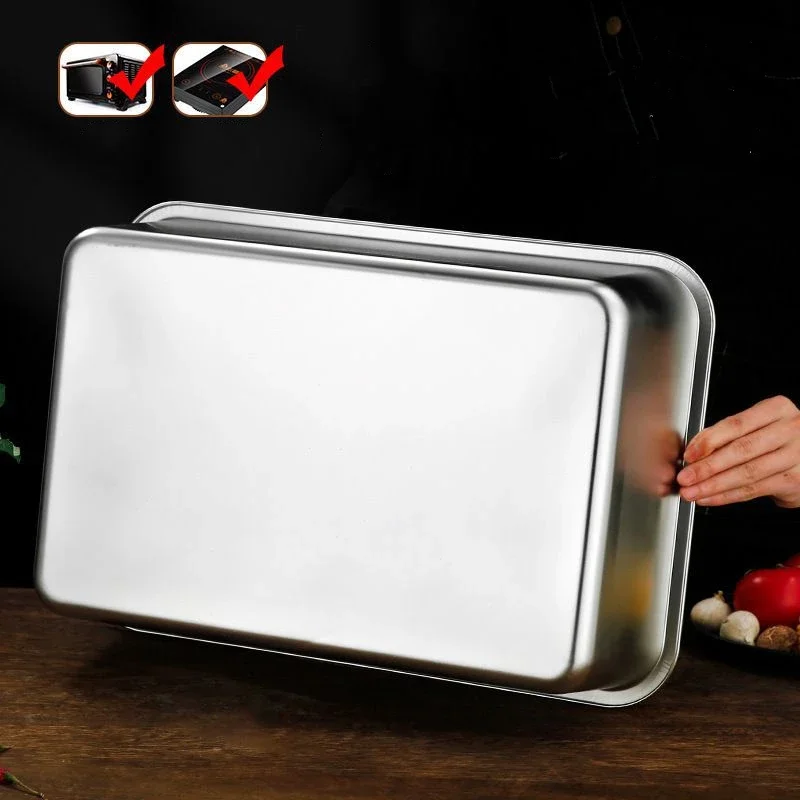 Thicken Stainless Steel Serving Tray with Lid Rectangle Metal Food Storage Plates Dish Cake Buffet Organizer Kitchen Container