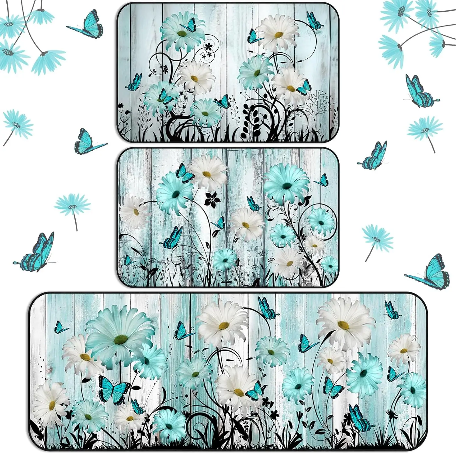 

3 Pcs Spring Teal Daisy Kitchen Rugs and Mats Set Farmhouse Rustic Non Slip Rug Waterproof Floor Mat Teal Butterfly Flor
