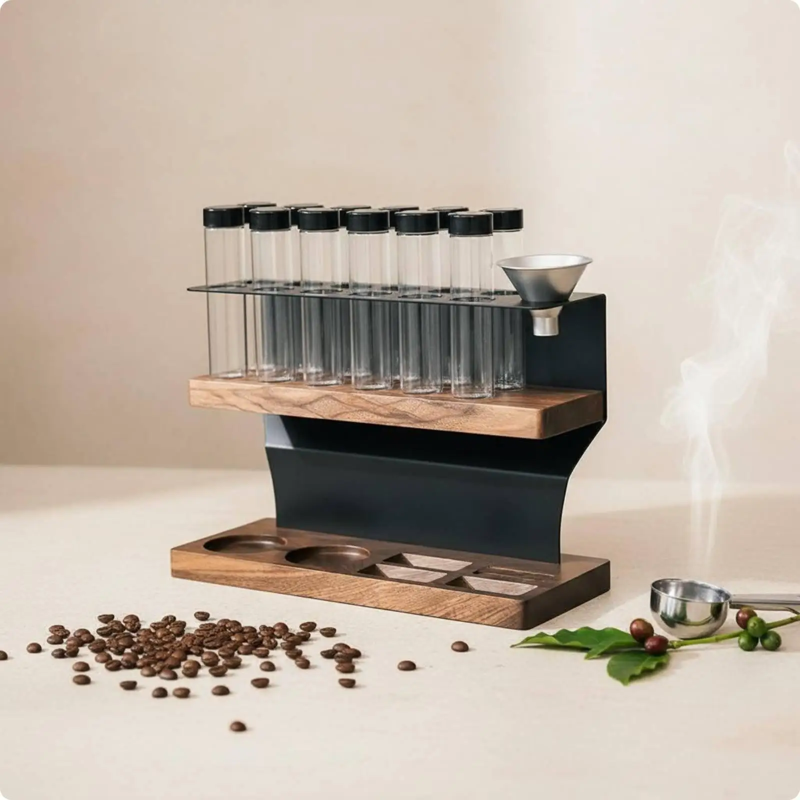 Coffee Display Rack for Counter with 12 Test Tubes and Exhaust Valve Walnut Finish Coffee Station Organizer Holder