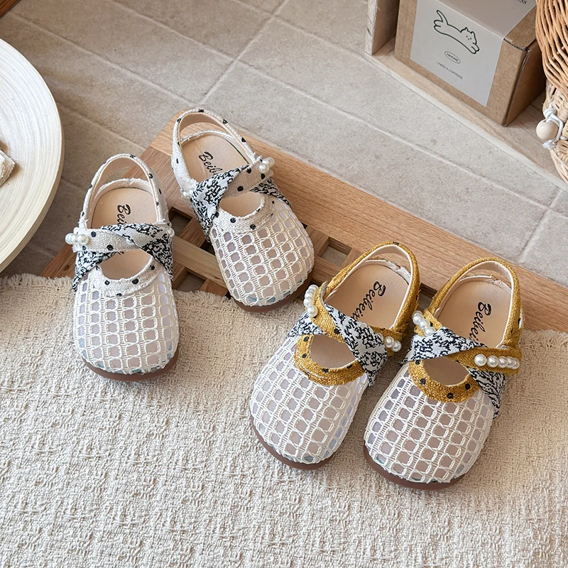Kids Girls Sandals Hollow Mesh Mary Jane Shoes with Bow & Pearl Soft Non-slip Sole Breathable Footwear for Summer Casual Wear