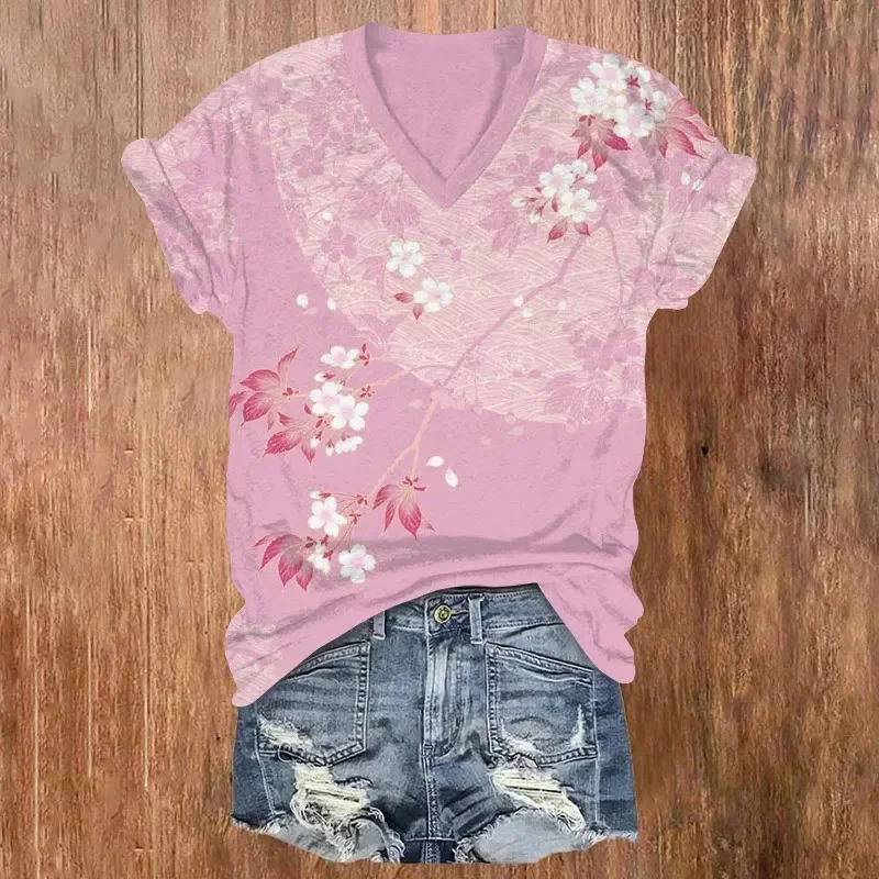 Japanese Cherry Blossoms And Silhouettes Pattern Print Short Sleeved V-neck T-shirt Summer Women's T Shirts