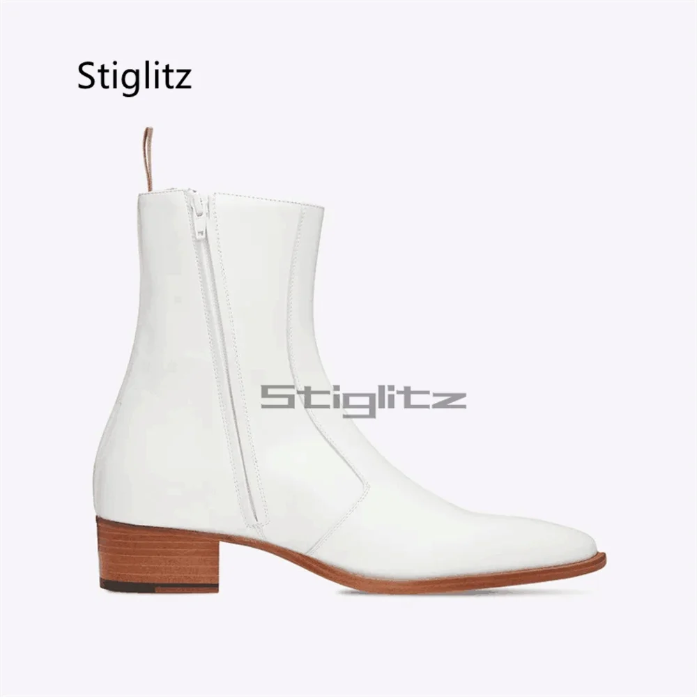 

White Genuine Leather Chelsea Boots Men Pointed Toe Trendy Cowhide Side Zip Ankle Boots Spring Autumn British Male Shoes