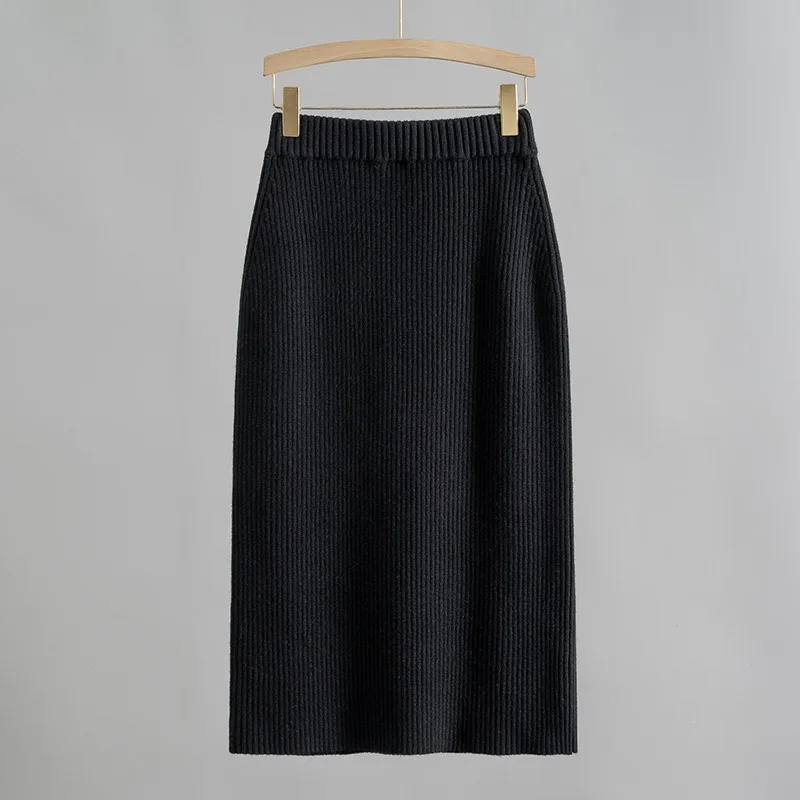 

New Autumn and Winter Wool Alpaca Elastic High-waisted Ribbed Knitted Straight Slim Skirt for Women