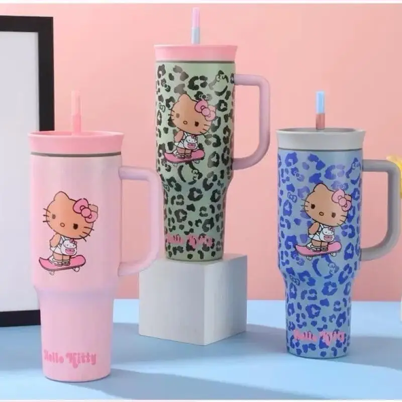 

40 унций модная соломенная термочашка Hellokitty Sanrio с леопардовым принтом, спортивная бутылка для воды, гигантская студенческая чашка для воды для девочек, подарок