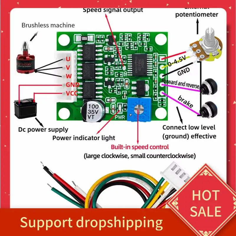 B44C BLDC Brushless Motor Controller DC 6-20V 60W, 12V With 3-Phase Governor Hallless Switch Module And Cable
