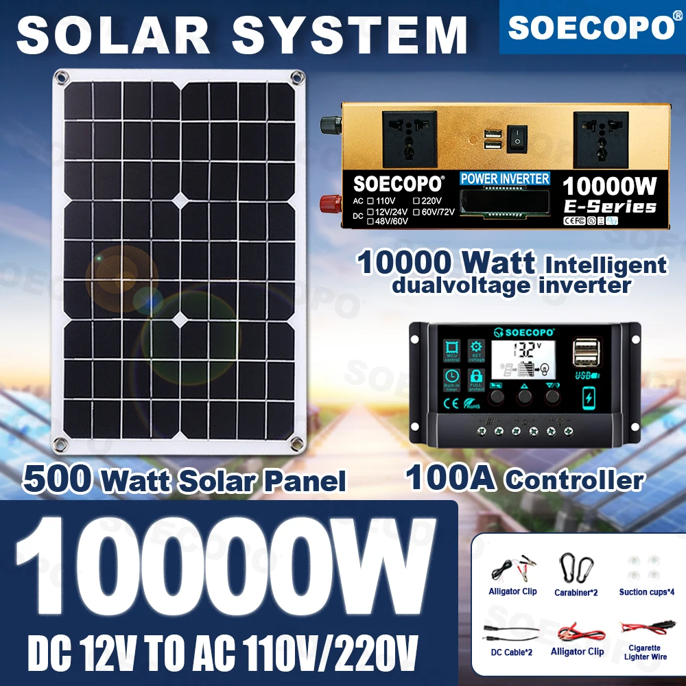 Солнечный комплект 10000 Вт, панель 500 Вт, контроллер MPPT 100А, кабель DC, инвертор 12В/24В в 220В/110В для кемпинга и аварийных ситуаций, сертифицирован CE