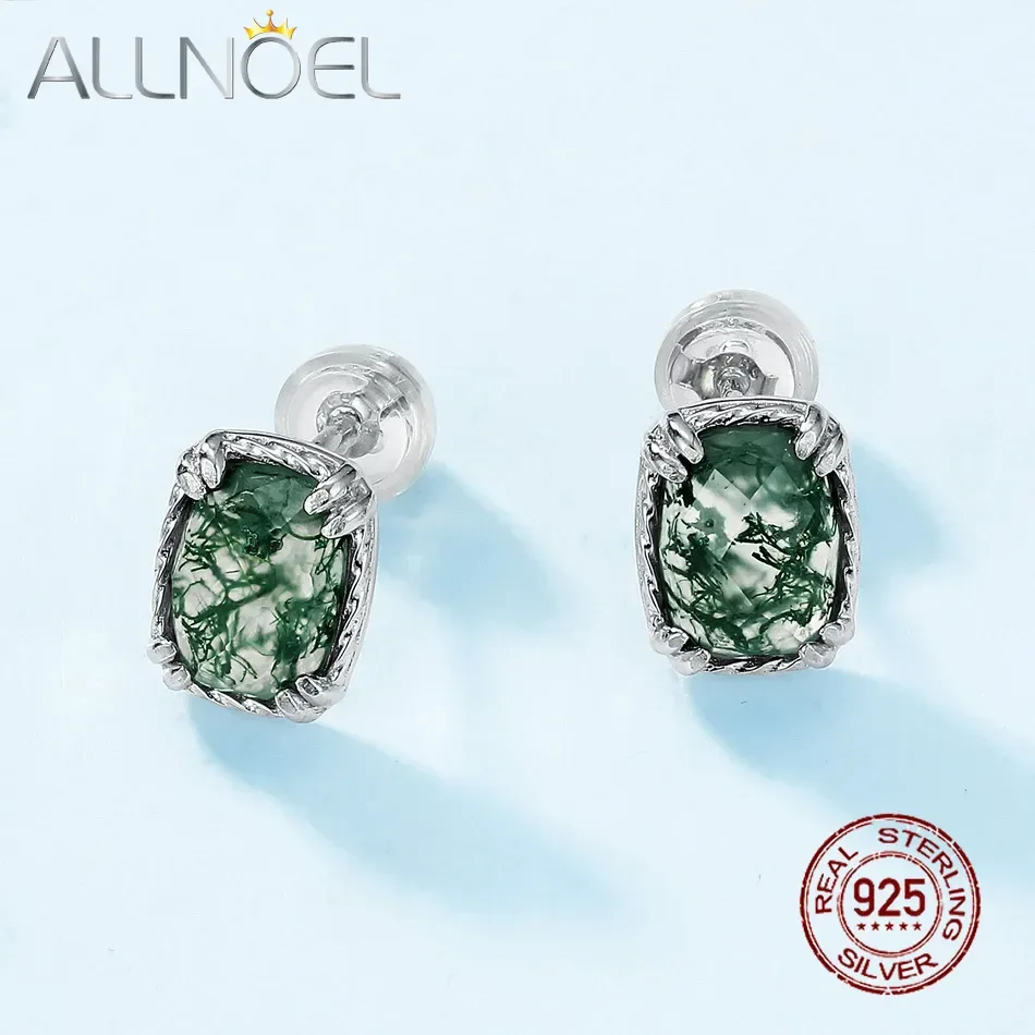 

ALLNOEL 925 Sterling Silver Stud Earrings for Women Rectangle Natural 6*8mm Moss Agate Earrings Elegant Jewelry Anniversary Gift