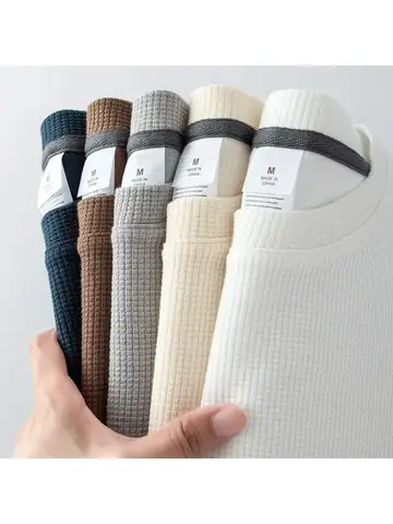 Waffle Short Sleeved T-shirt for Men and Women Summer Japanese Round Neck Half Sleeved Top Loose Casual Solid Color T-shirt