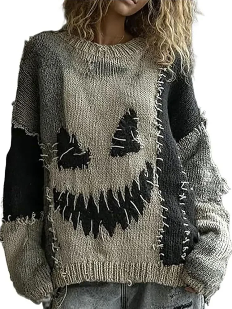 

New Women Sweatshirts Halloween Patchwork Spooky Face Printed Hoodie Autumn Winter Fashion Long Sleeves Loose Knitting Clothes