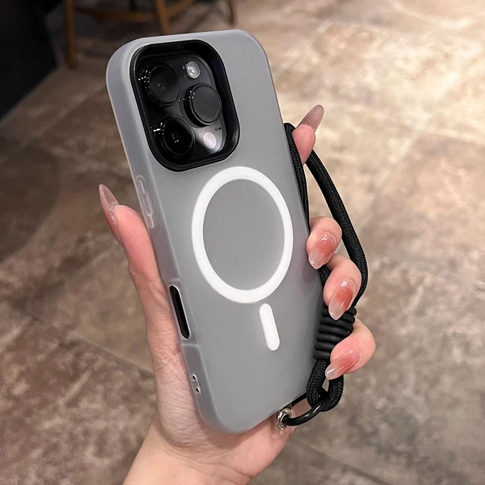 リストストラップ磁気電話ケース iPhone 16 15 14 プラス 13 12 11 プロマックス Magsafe ストラップワイヤレス充電マットプロテクターカバー