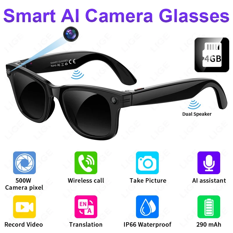 

LIGE Camera Glasses AI Smart Bluetooth Glasses Anti-Shake Function HD Camera Video Recording Call Music Sunglasses for Man Woman