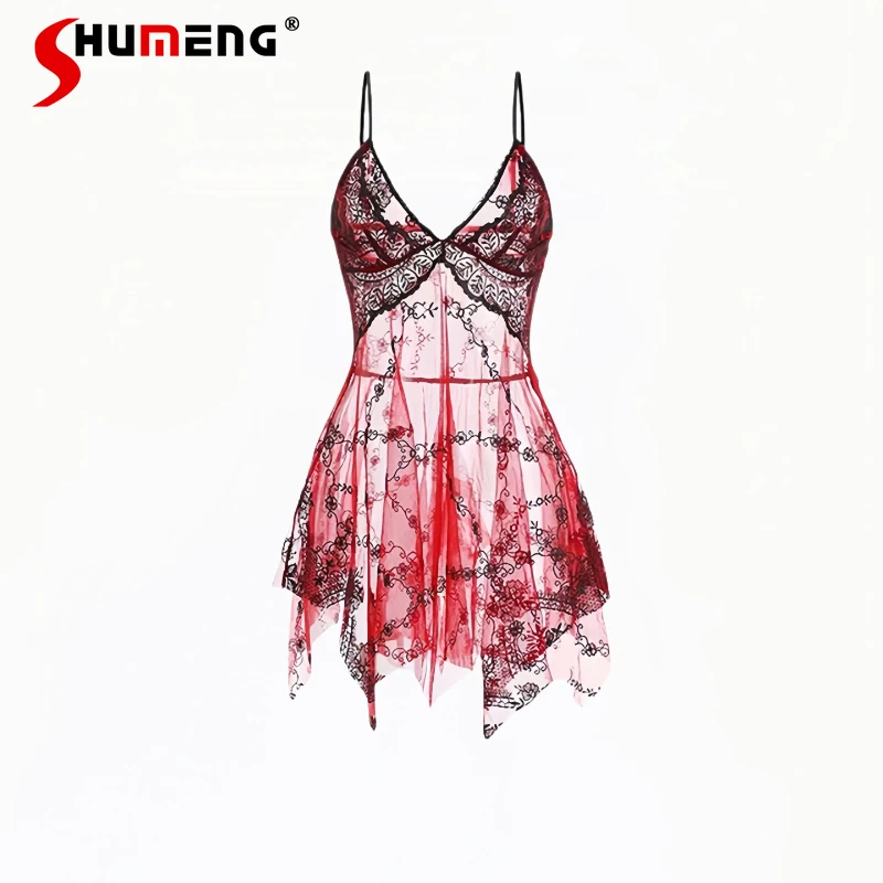 

Women's Pure Desire Red Nightdress French Style Sexy See Through Nightgowns Female Mesh Backless Embroidered Strap Sleepshirts