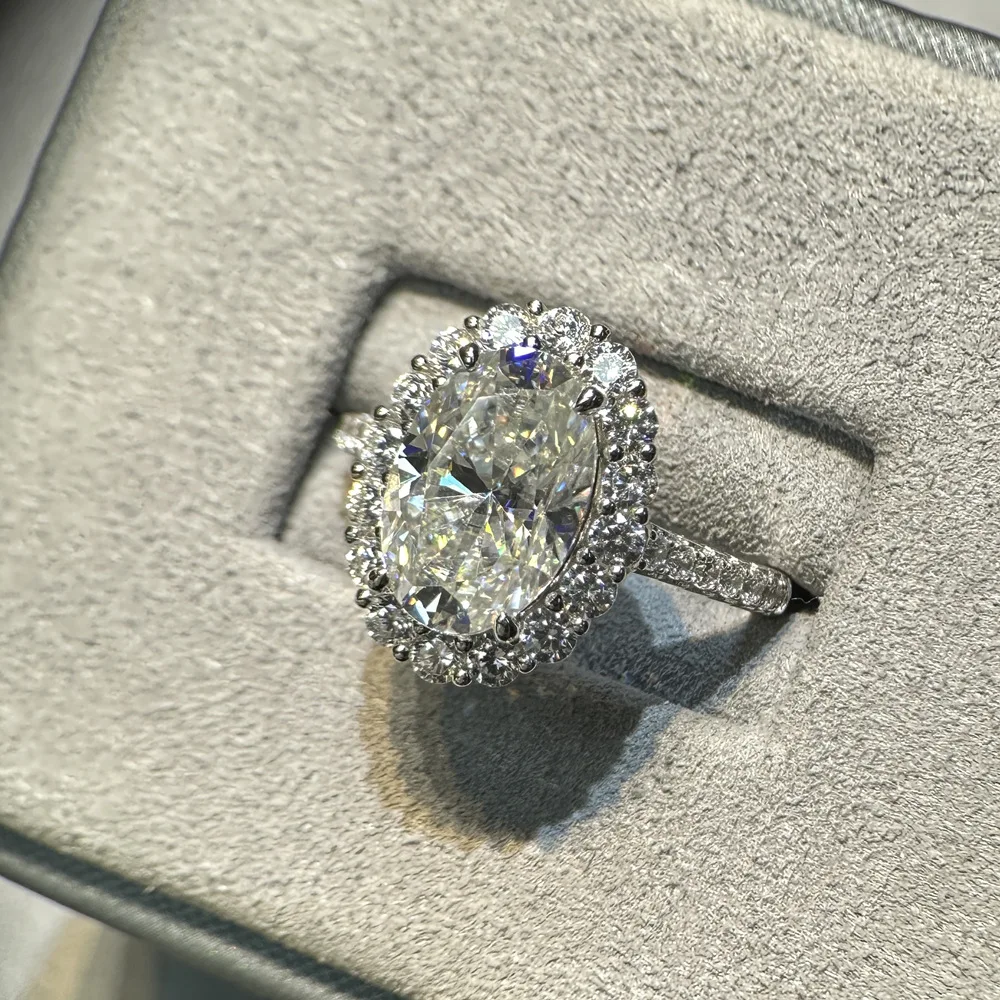 Halaile 4.5CT 8*12 مللي متر مويسانيتي/الزركون الدائري S925 فضة للنساء بيضة الحمام تألق غرامة مجوهرات المشاركة الزفاف #3
