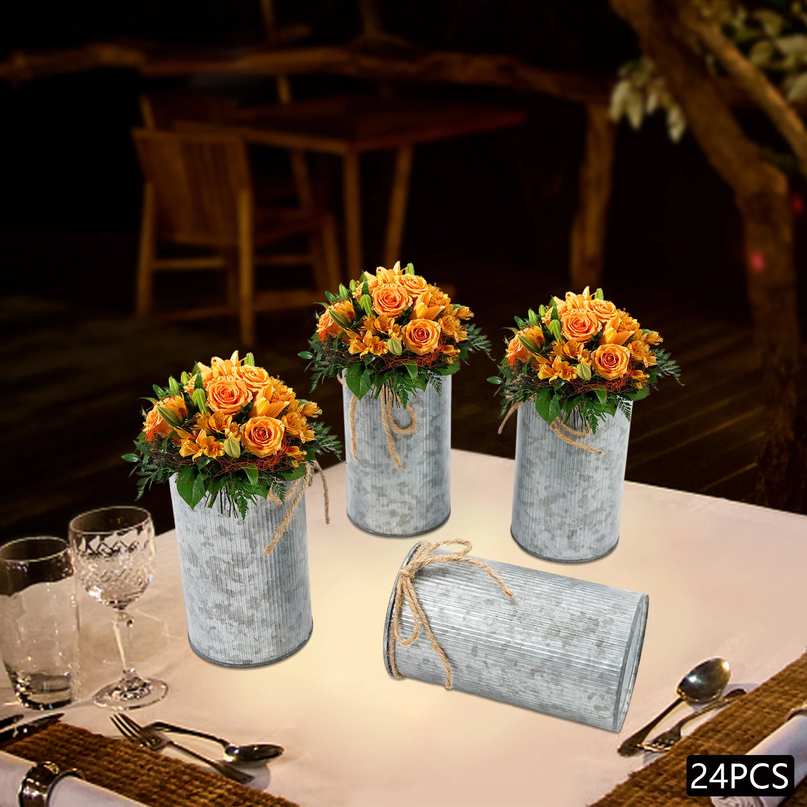 

24-Piece Vintage Galvanized Iron Flower Desktop Vase Set 3.5*6in Twine Bow Decor for Home Wedding Party Table Arrangement