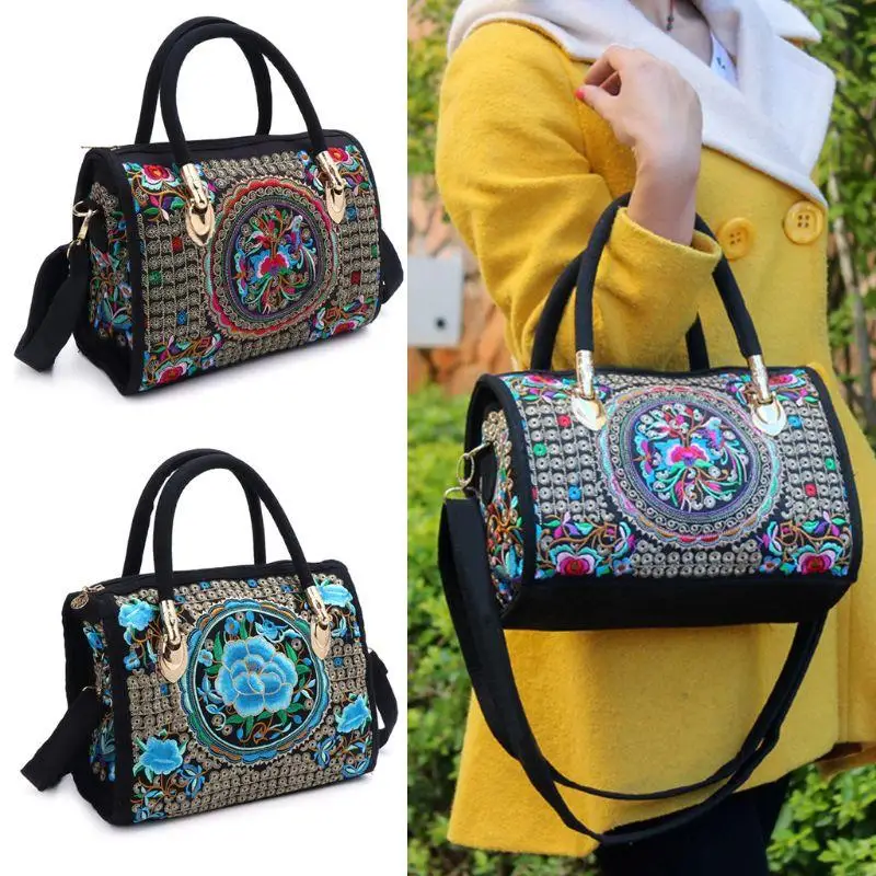 

G7NB Women Floral Embroidered Handbag Ethnic Boho Canvas Shopping Tote Zipper Bag