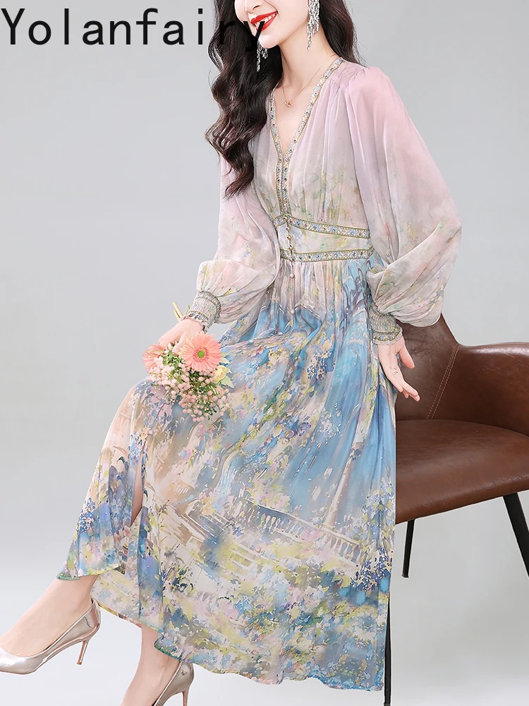 YOLANFAIRY Elegant 100% Real Mulberry Silk Dresses Woman 2025 Early Autumn Luxury Fairy Dress Long Sleeve Printed Women's Dress