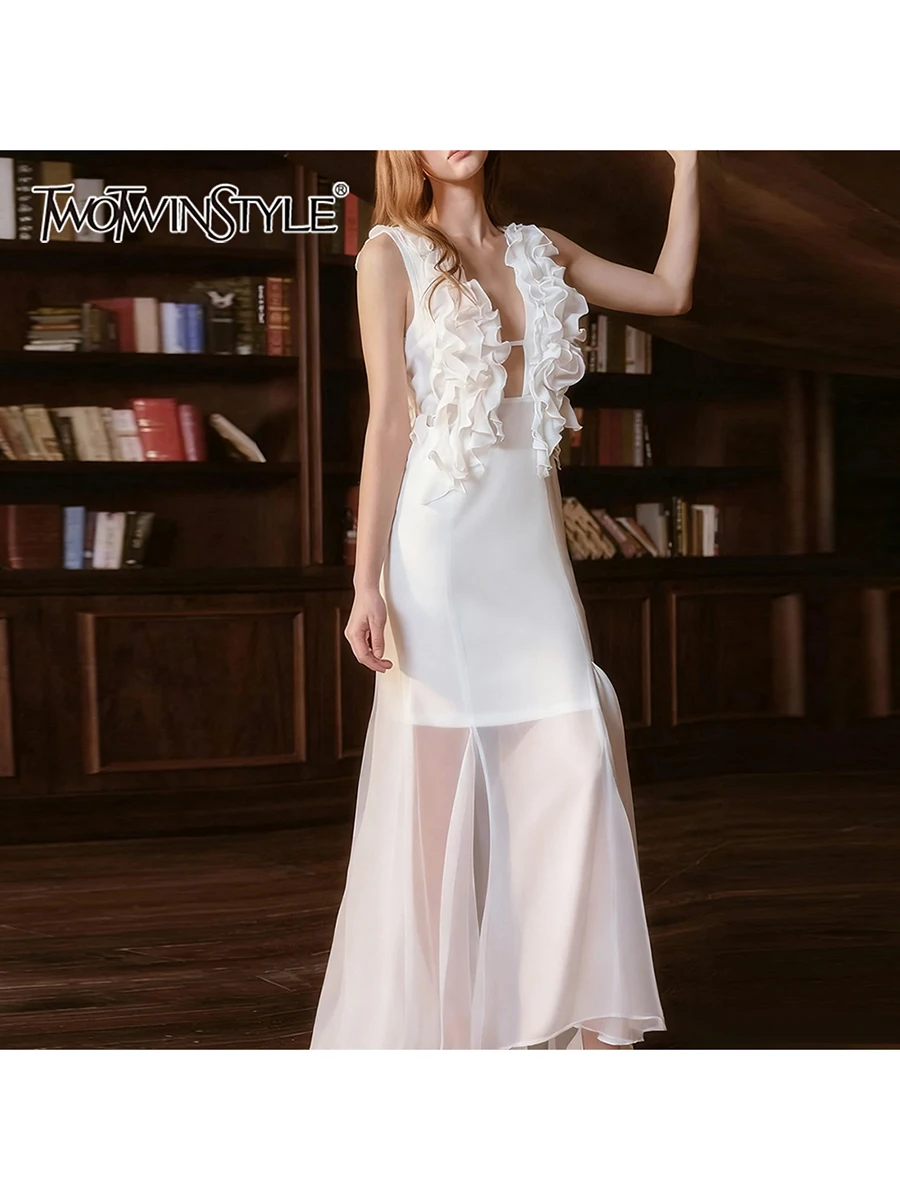 TWOTWINSTYLE Wyszczuplające Sukienki z Falbankami i Efektem Marszczeń, Eleganckie Sukienki Damskie z Dekoltem w Serek, Bez Rękawów, Przezroczysta Długa Sukienka, Moda Damska