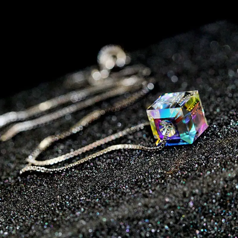 Colorful Aurora Square Crystal Pendant Necklace For Women Fashion Jewelry