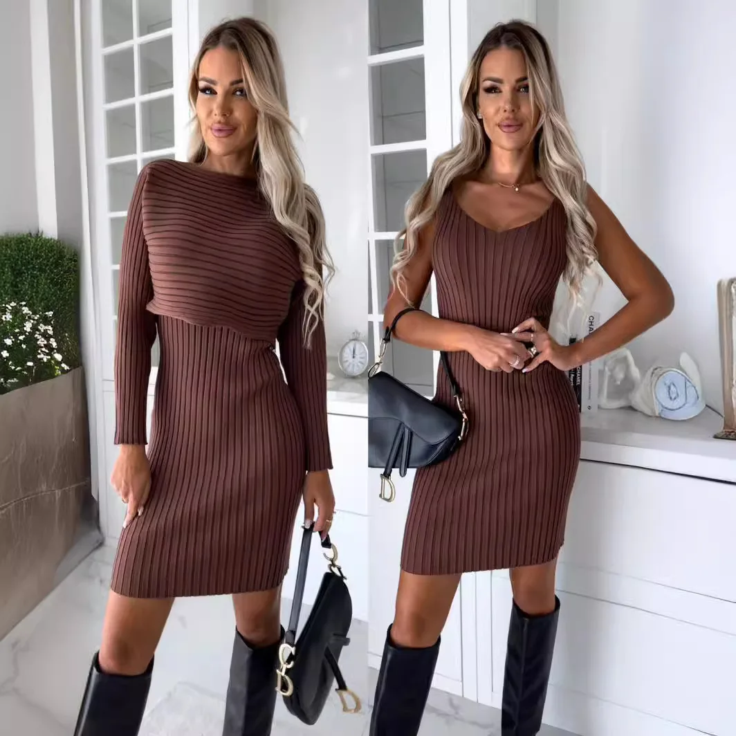 2024 New Spring and Autumn Women\'s Fashion, Elegance, Leisure, Sexy Commuting Set, Pit Striped Long sleeved Top, Hanging Dress