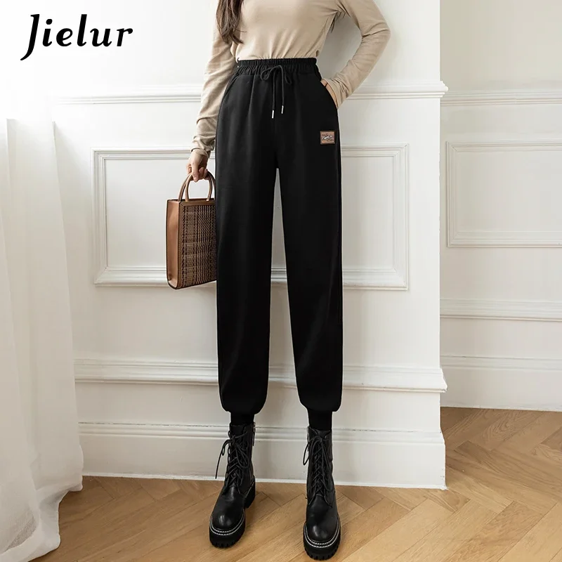 

Jielur Woolen Pants Female High Waist Casual Sport Women Pants Winter Cool Drawstring Cargo Harem Pants Black Coffee S-XXL