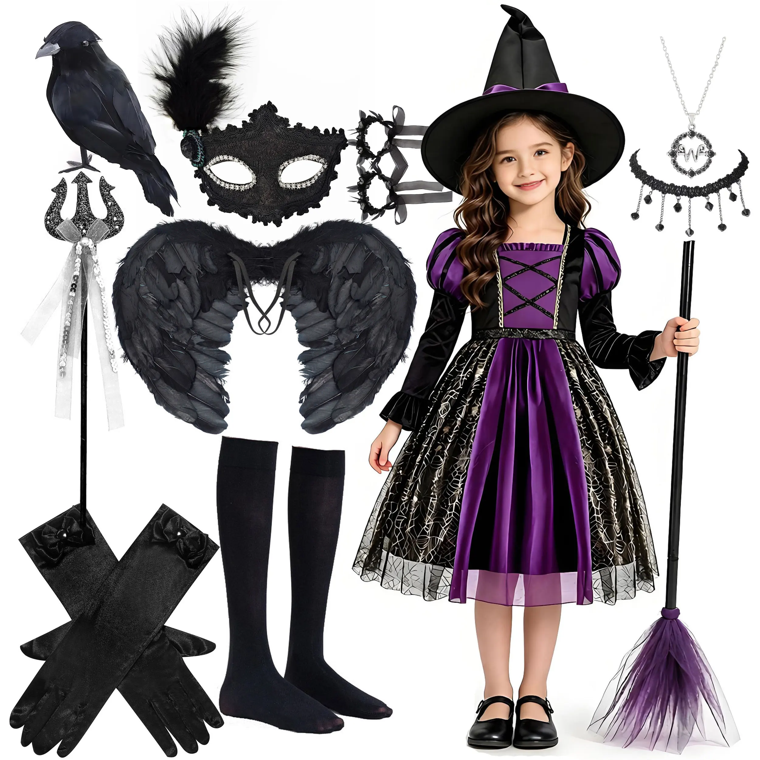 2026 Halloween Carnival Party Gown Girls Cosplay Purple Witch Princess Dress Gothic Costume With Accessories Themed Party Set
